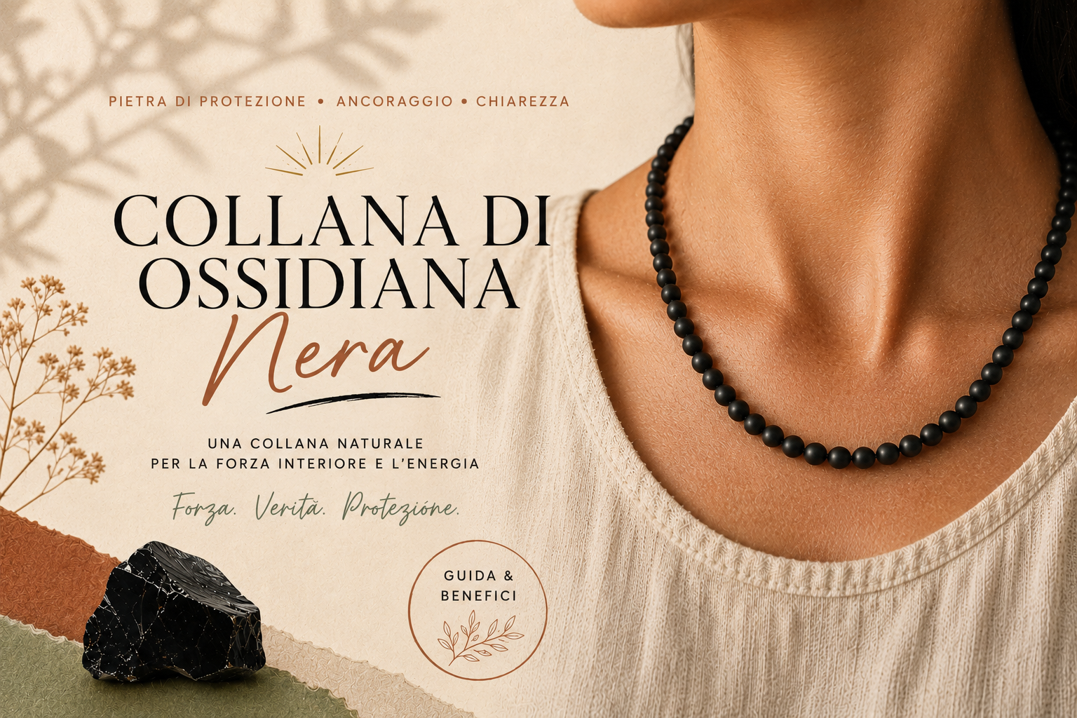 Collana di ossidiana nera indossata su una scollatura di lino écru