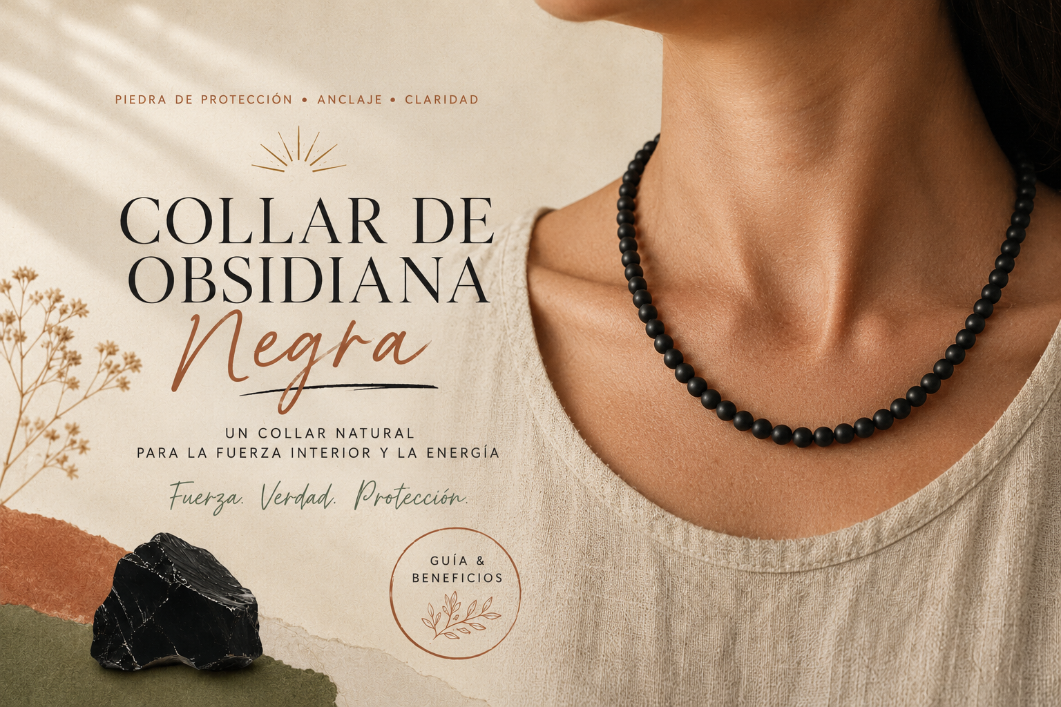 Collar de obsidiana negra llevado sobre un escote de lino crudo