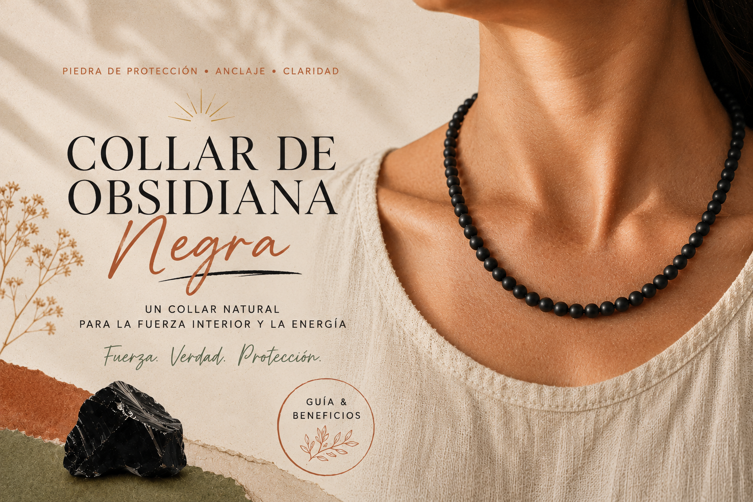 Collar de obsidiana negra usado sobre un escote de lino crudo