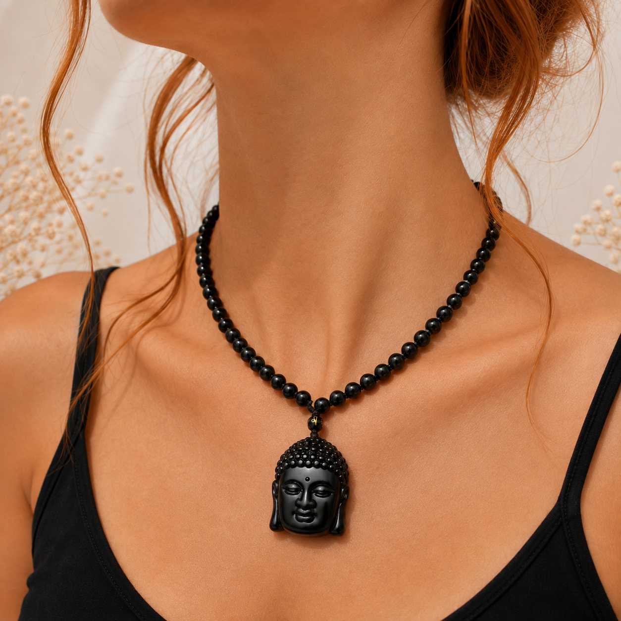 Naszyjnik Budda Obsydian Collier Bouddha en Obsidienne Noire Cou