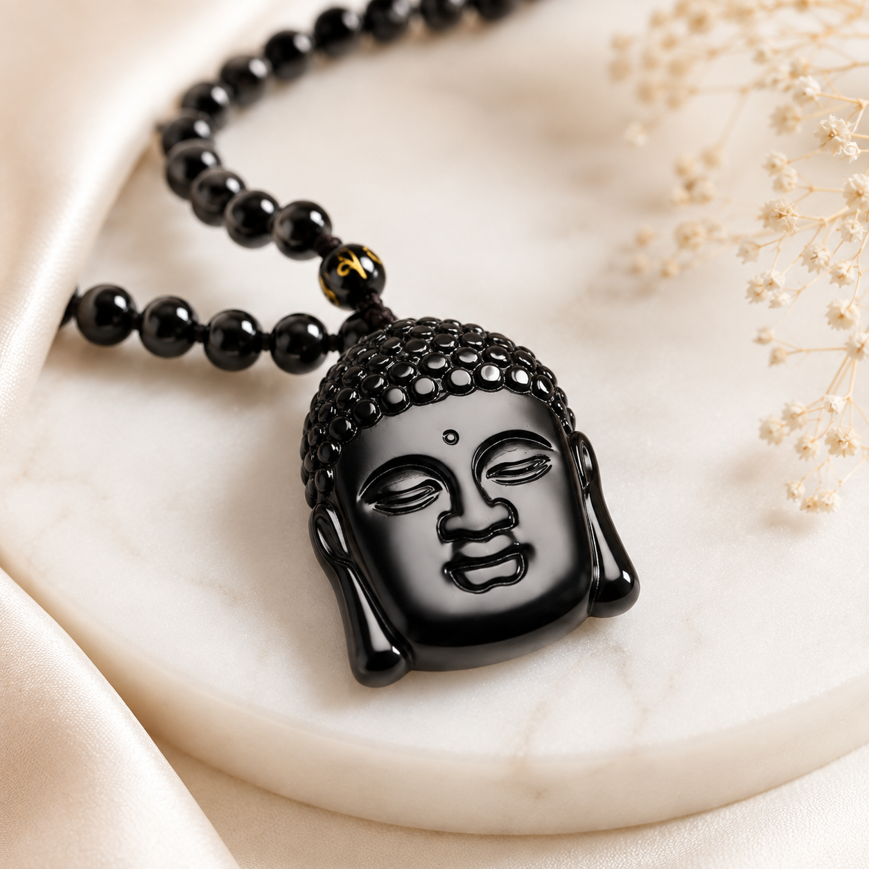 Naszyjnik Budda Obsydian Collier Bouddha en Obsidienne Noire Perles