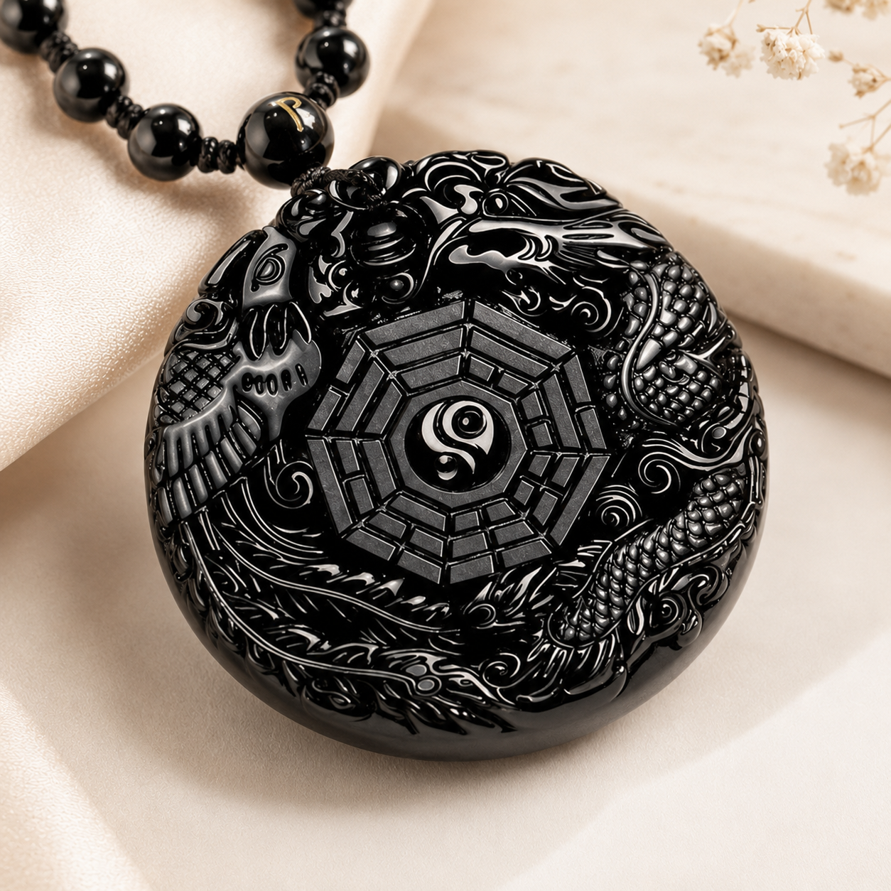 Naszyjnik Smok Obsydian Collier Dragon en Obsidienne Noire Perles