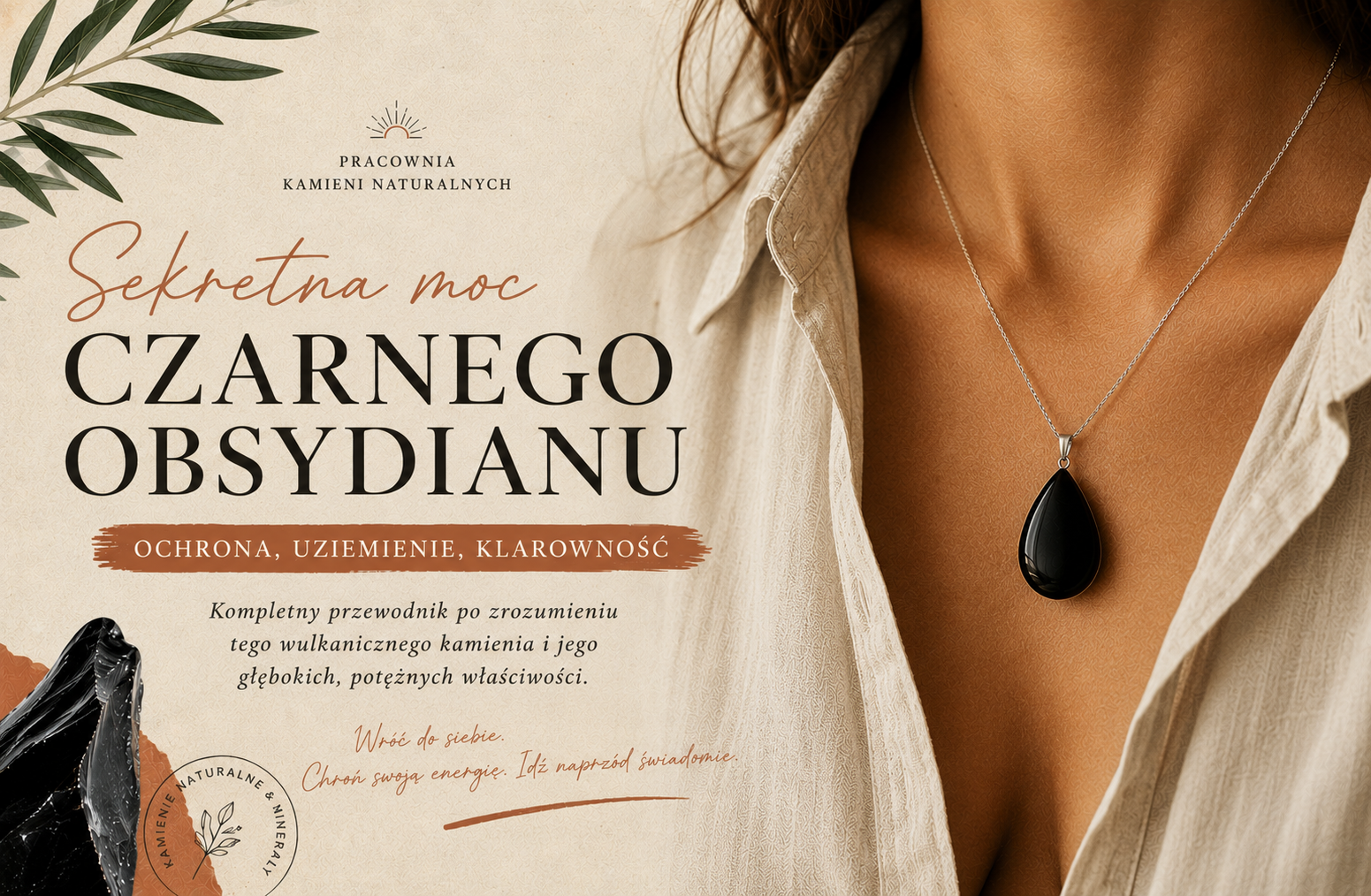 Wisiorek z czarnego obsydianu noszony na szyi na jasnej lnianej bluzce