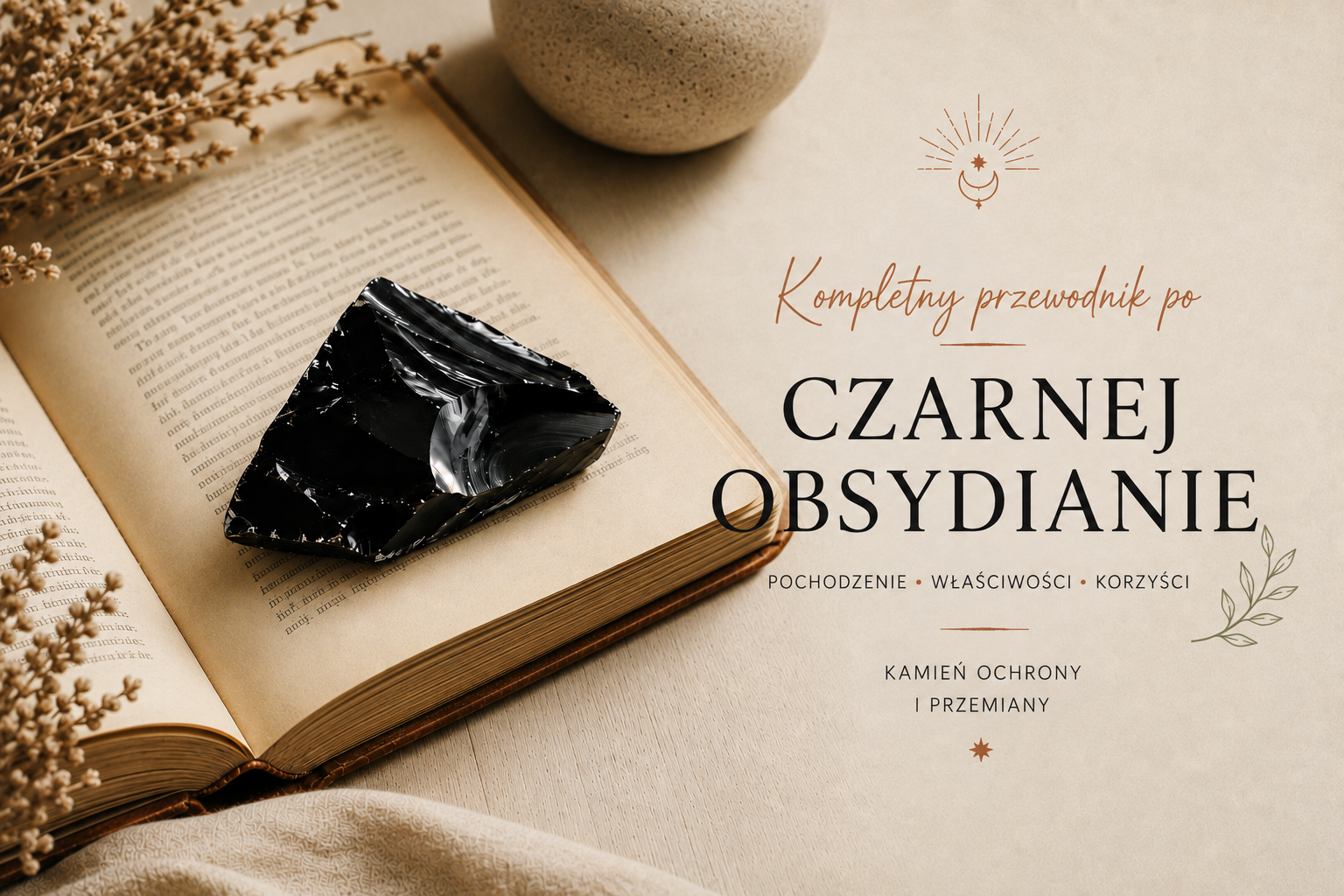 Odłamek czarnego obsydianu leżący na stronach starej oprawionej książki
