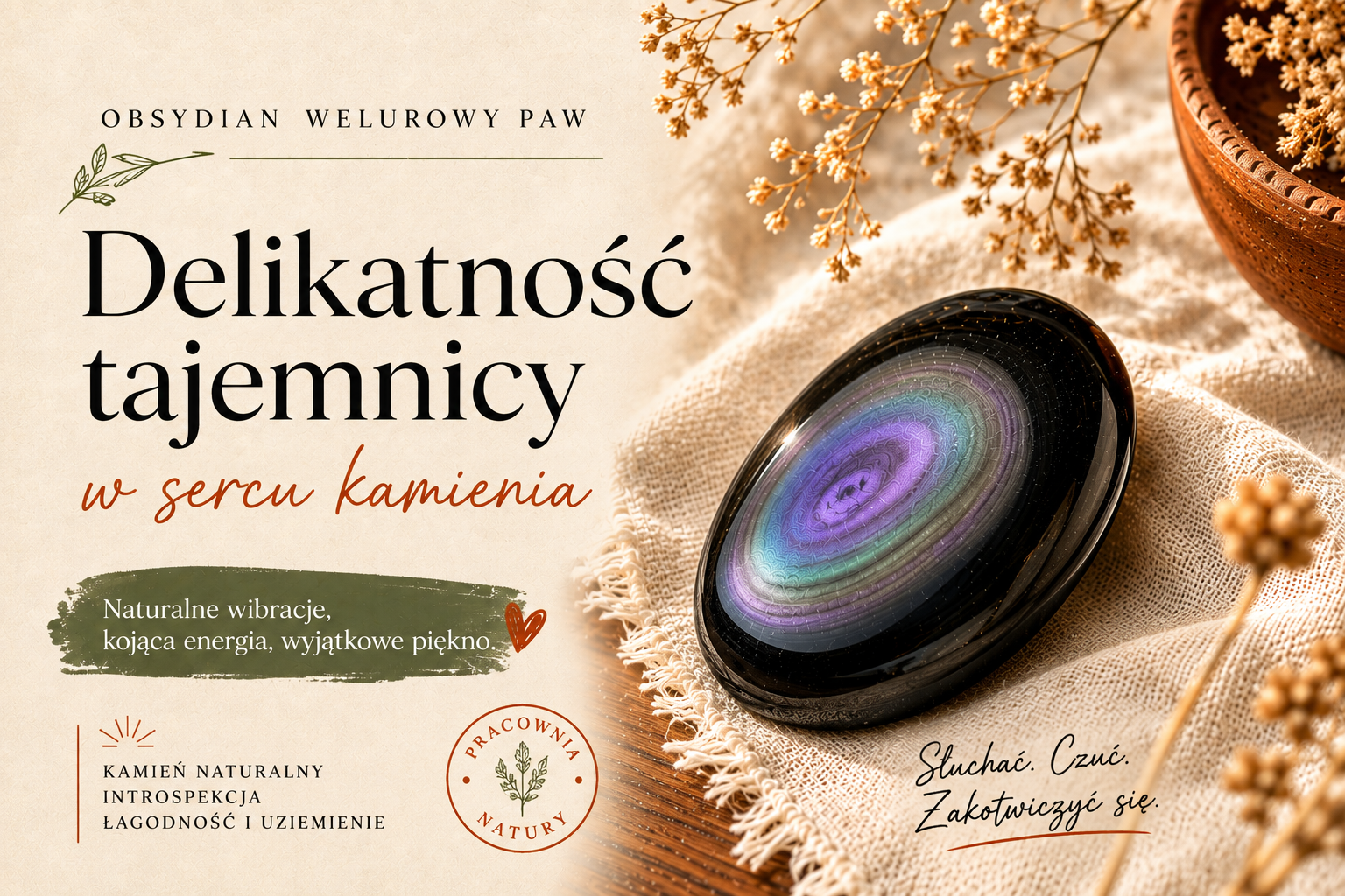 Obsydian pawi aksamit z lawendowymi i zielonymi falami