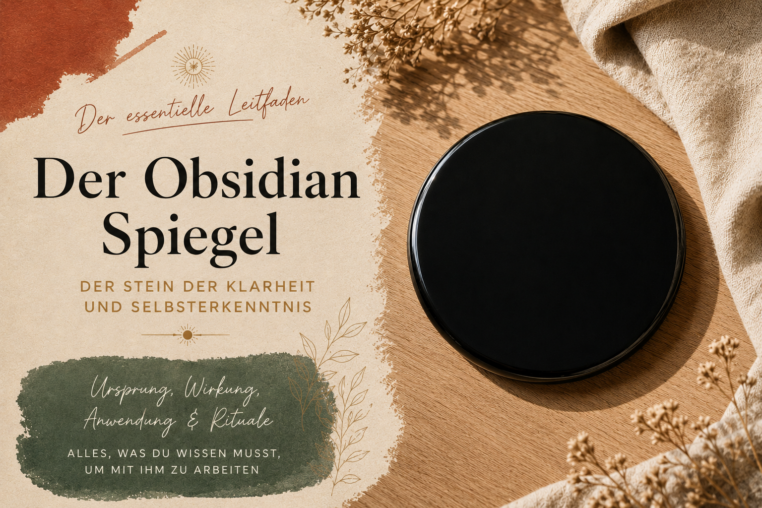 Polierte Scheibe aus schwarzem Obsidian auf einem hellen Holztisch