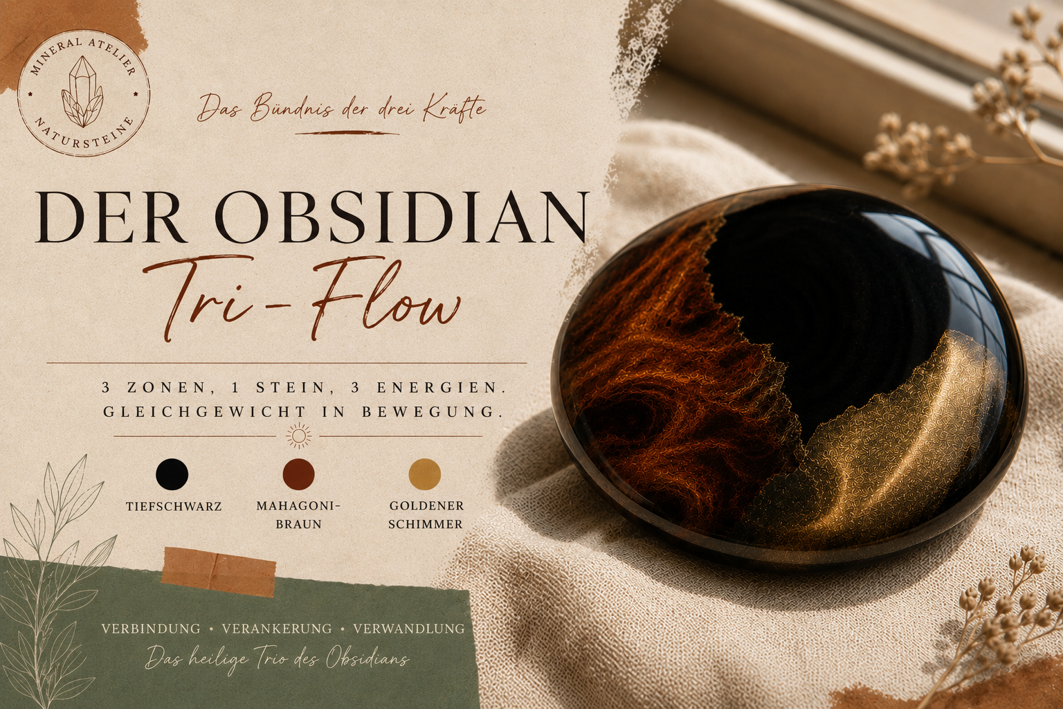 Tri-Flow-Obsidian mit schwarzer, Mahagoni- und goldener Zone