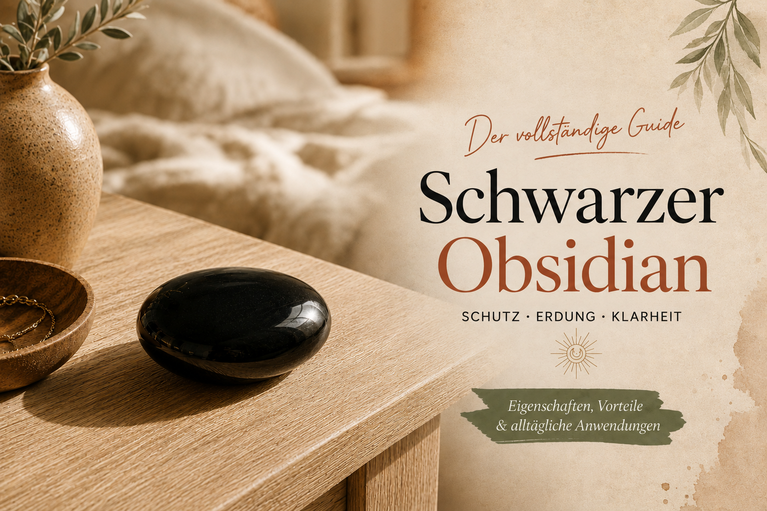 Schwarzer Obsidian auf einem Nachttisch neben einem ungemachten Bett