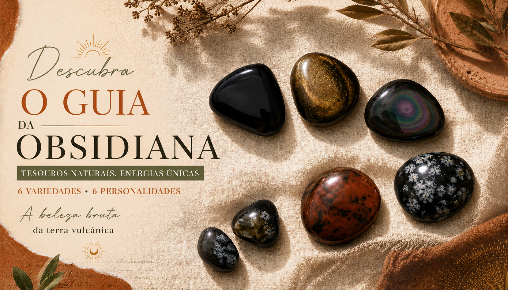 Os diferentes tipos de obsidiana reunidos: negra, dourada, arco-íris, floco de neve e mogno
