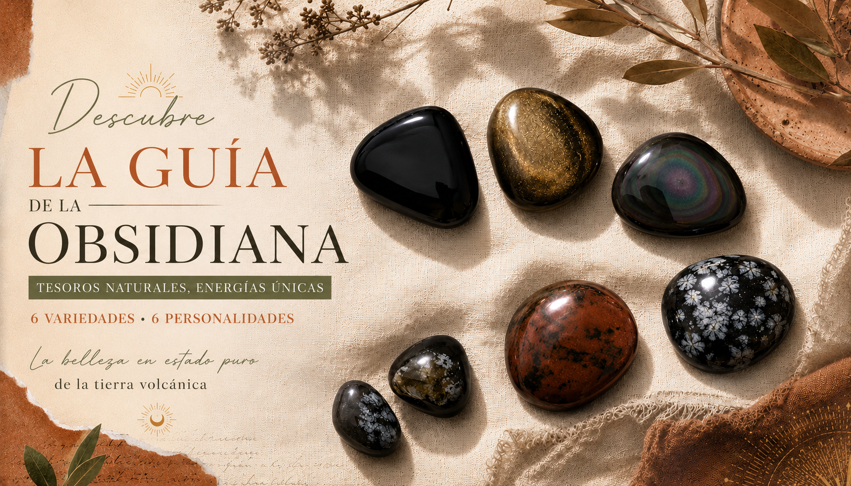 Los distintos tipos de obsidiana reunidos: negra, dorada, arcoíris, copo de nieve y caoba
