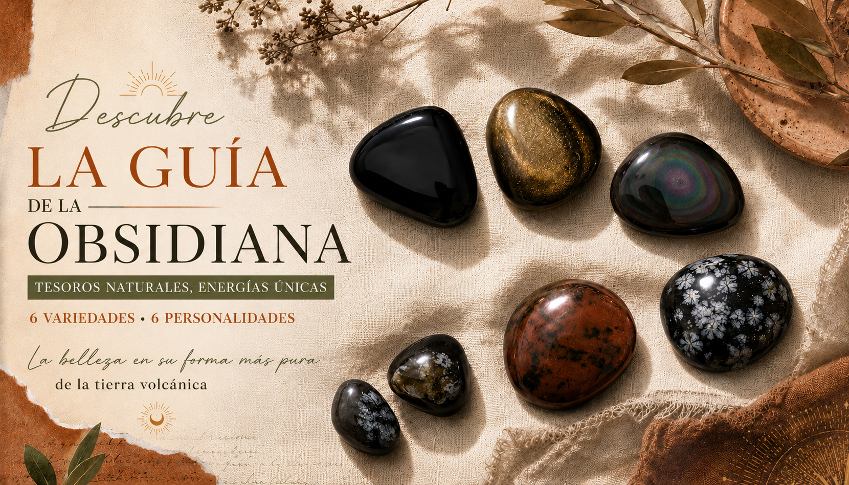 Tipos de Obsidiana: la Guía Completa de Variedades Los diferentes tipos de obsidiana reunidos: negra, dorada, arcoíris, copo de nieve y caoba