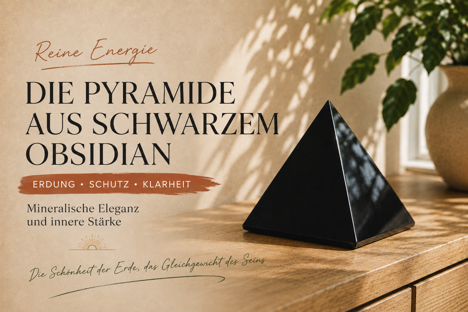 Polierte Pyramide aus schwarzem Obsidian auf einem Holzmöbel