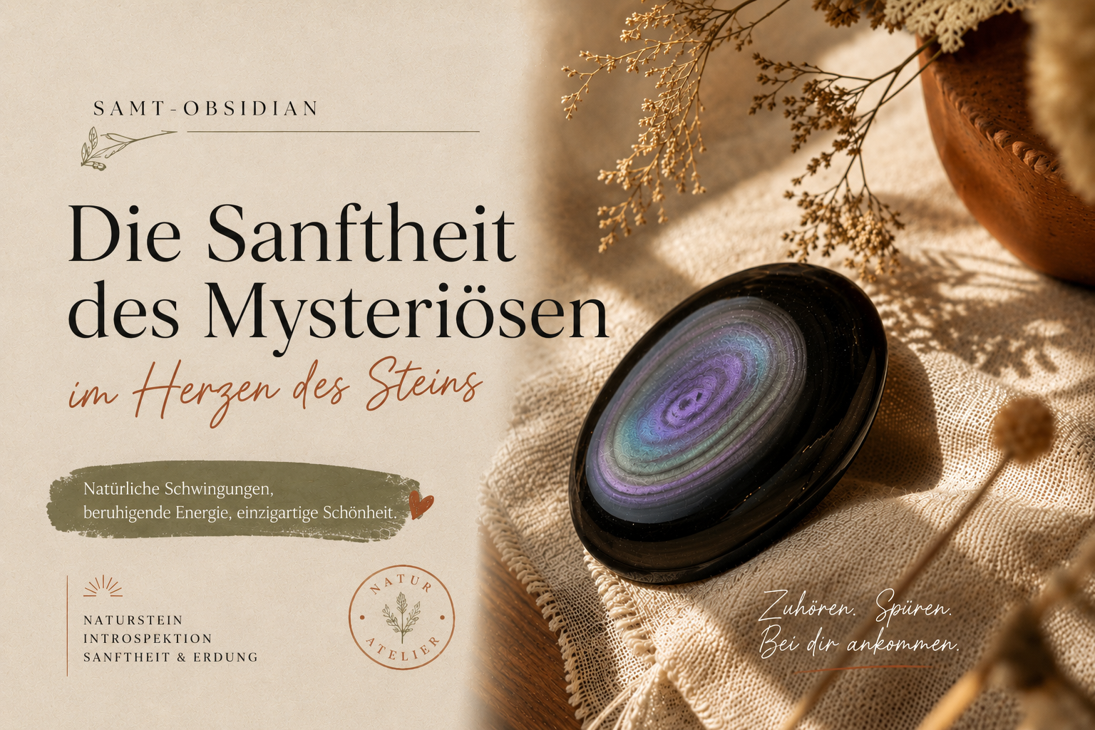 Der Pfauensamt-Obsidian und die blaue Perle Pfauensamt-Obsidian mit lavendelfarbenen und grünen Wellen