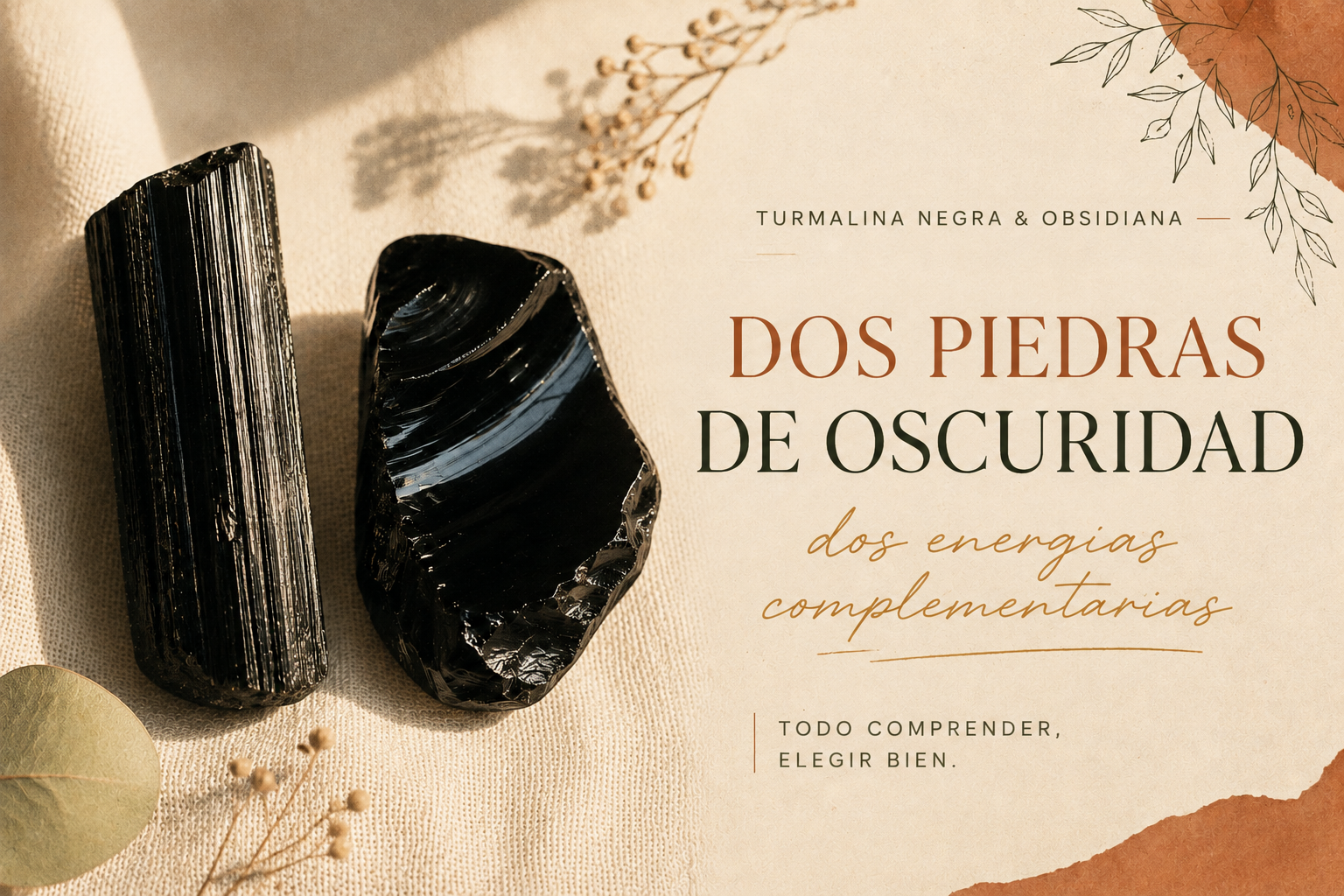 Cristal de turmalina negra estriado junto a un fragmento de obsidiana liso