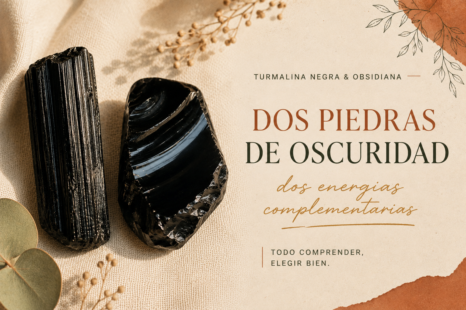 Cristal de turmalina negra estriado junto a un fragmento de obsidiana lisa