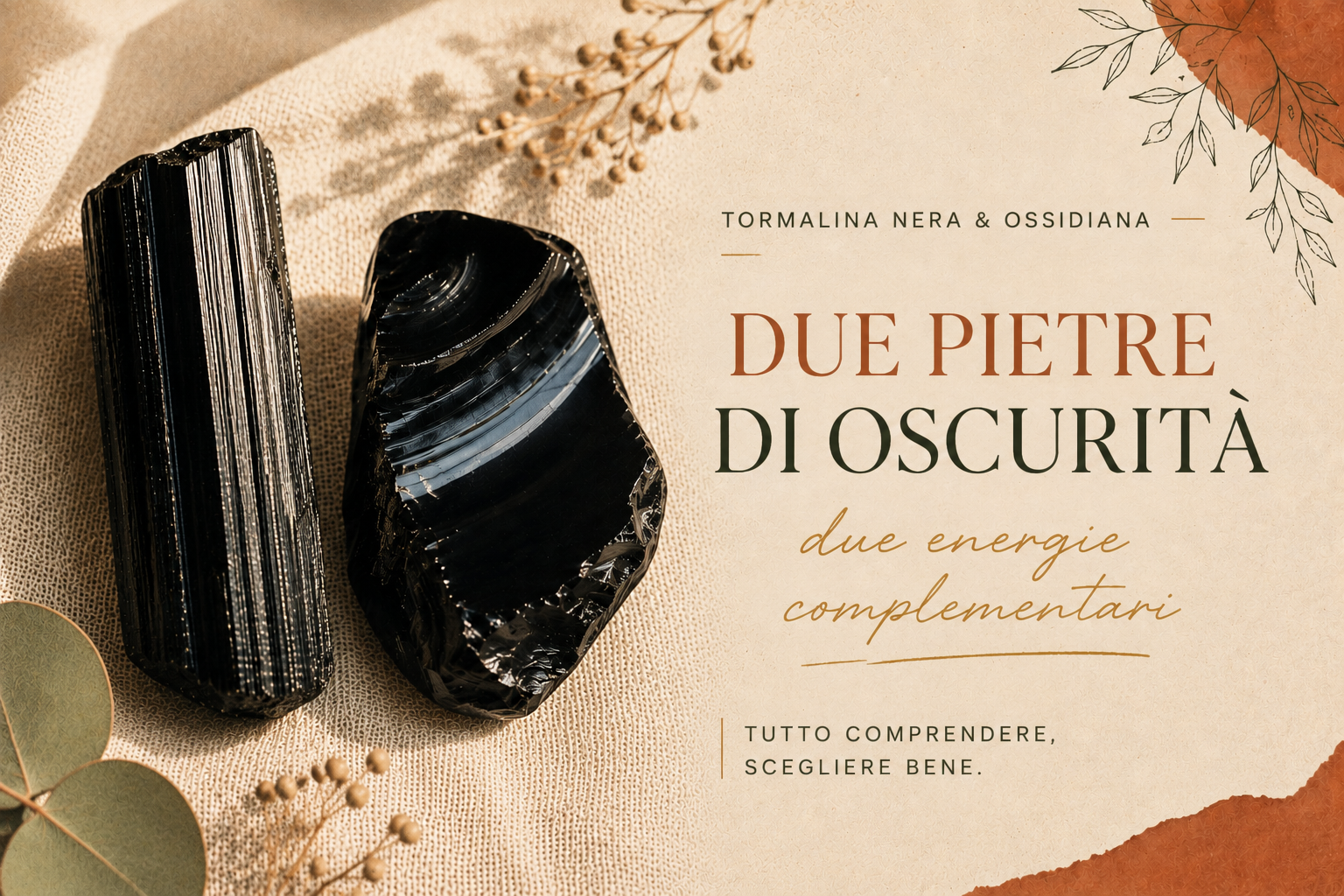 Cristallo di tormalina nera striato posato accanto a un frammento di ossidiana liscia