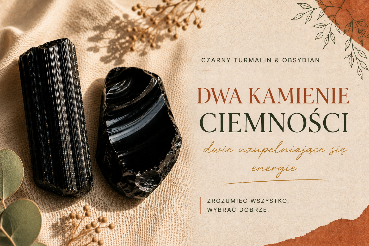 Prążkowany kryształ turmalinu czarnego obok gładkiego odłamka obsydianu