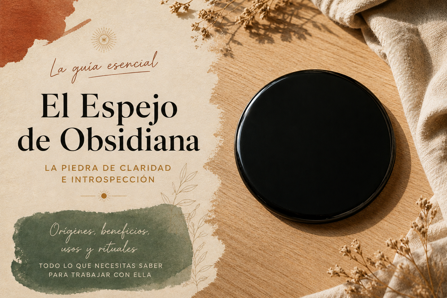 Disco pulido de obsidiana negra colocado sobre una mesa de madera clara