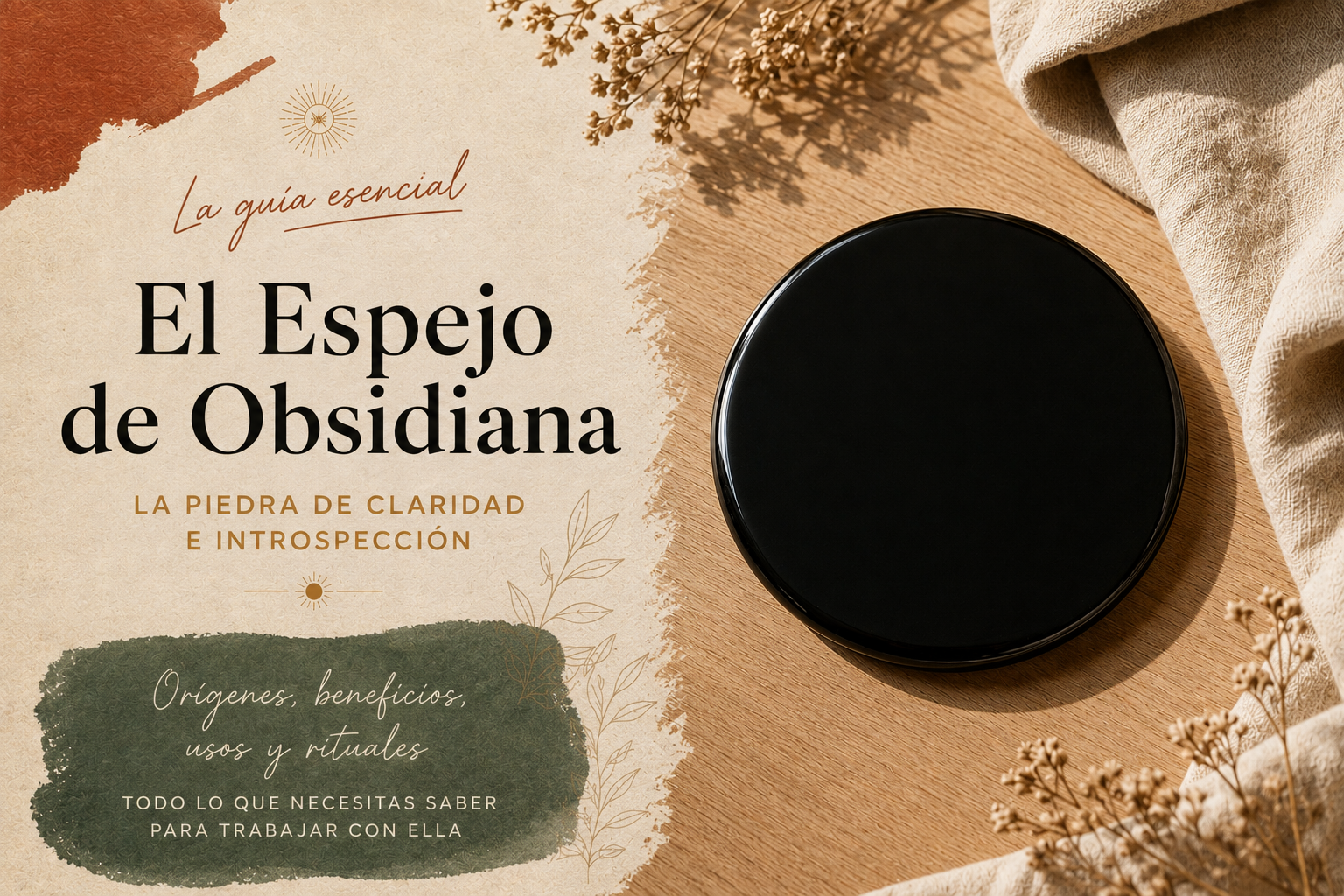 Disco pulido de obsidiana negra colocado sobre una mesa de madera clara