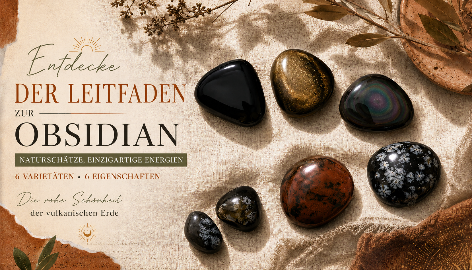Die verschiedenen Obsidian-Arten nebeneinander: schwarz, gold, regenbogen, Schneeflocke und Mahagoni