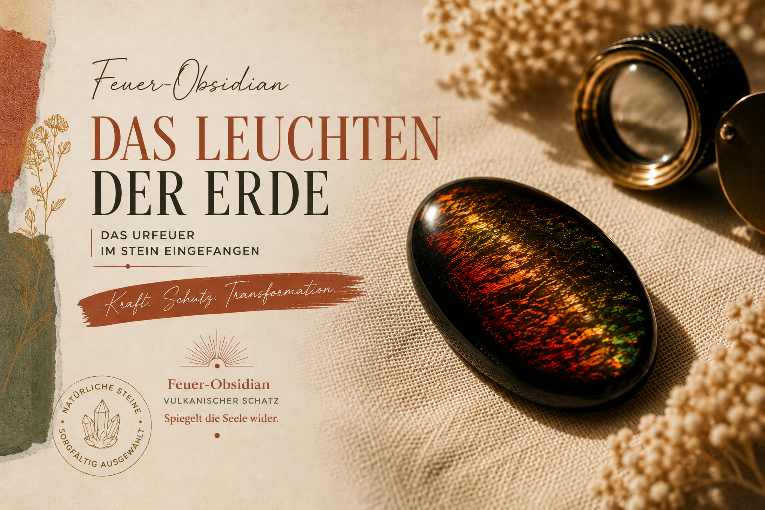 Polierter Feuer-Obsidian mit flammenroten und grünen opalartigen Reflexen