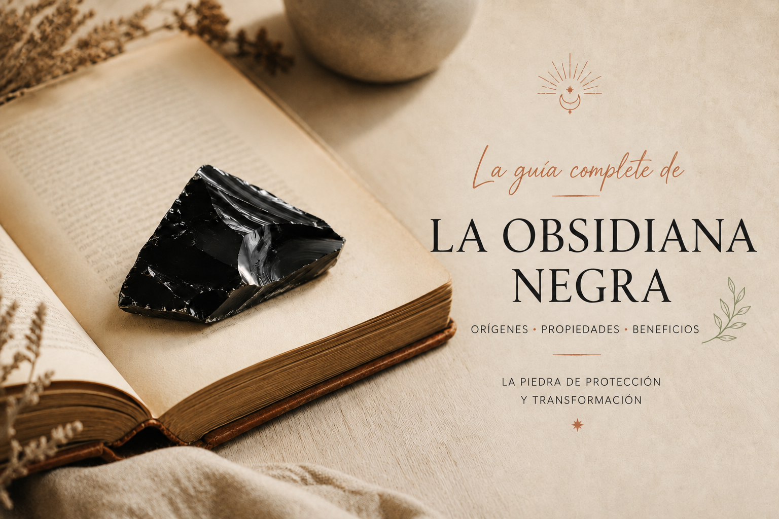 Fragmento de obsidiana negra colocado sobre las páginas de un libro antiguo encuadernado