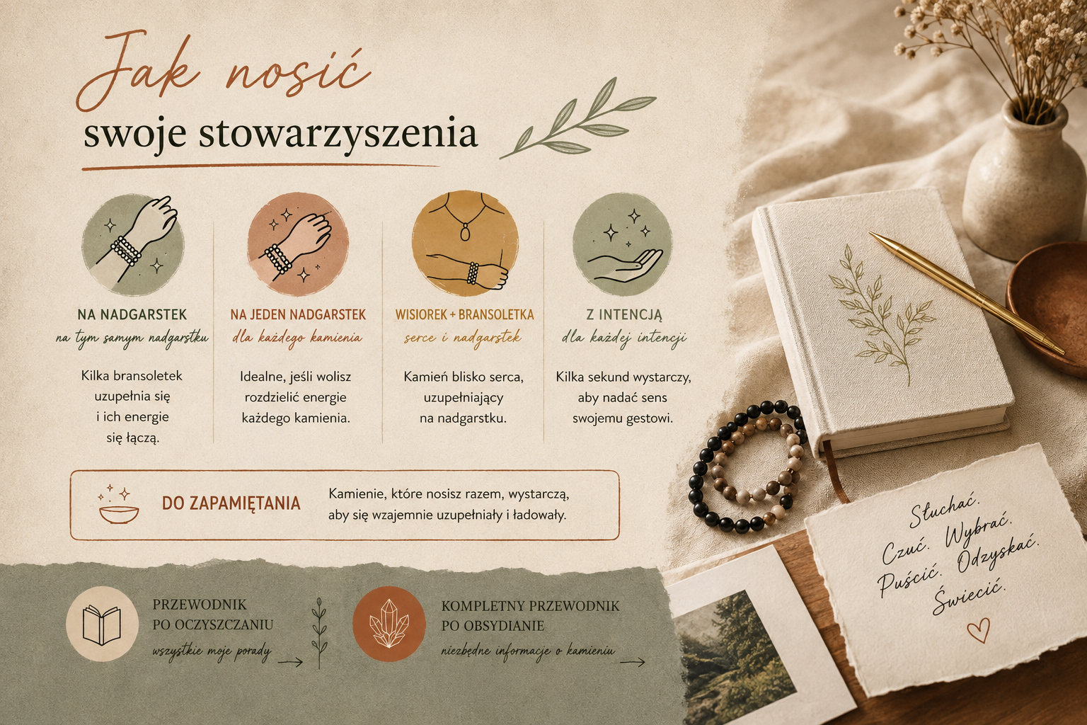 Kilka bransoletek z kamieni naturalnych ułożonych na jednym nadgarstku