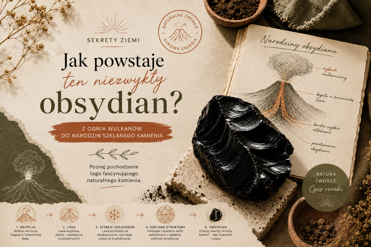 Surowy czarny obsydian, szkło wulkaniczne