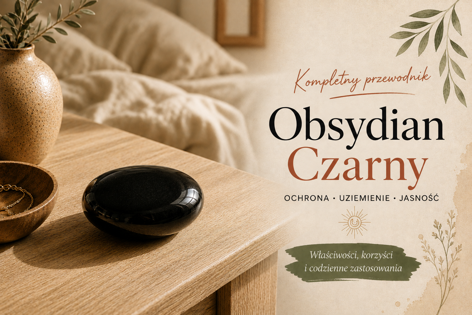 Czy można spać z czarnym obsydianem? Czarny obsydian leżący na szafce nocnej obok rozścielonego łóżka