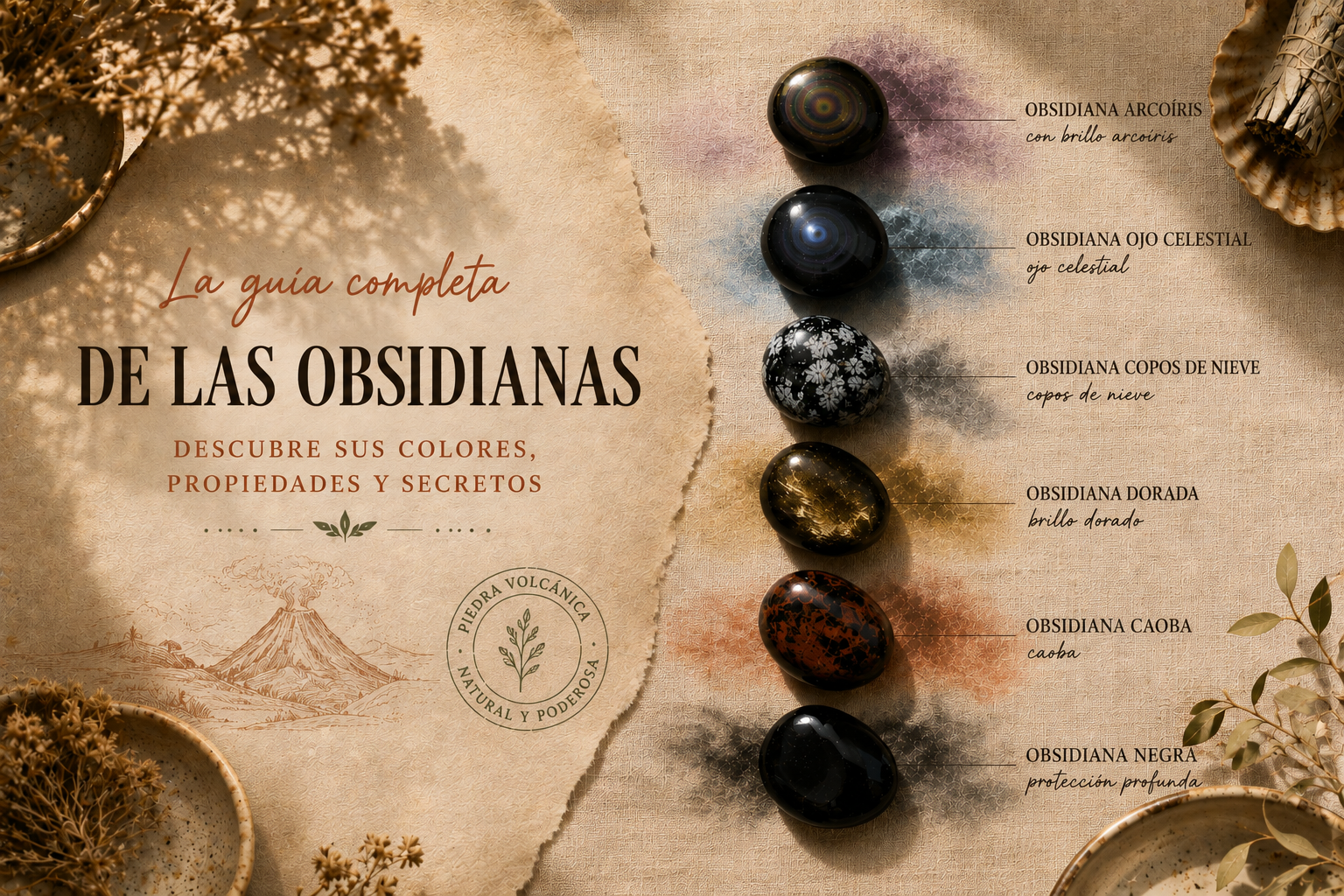 Obsidianas de diferentes tipos alineadas a lo largo de los siete chakras