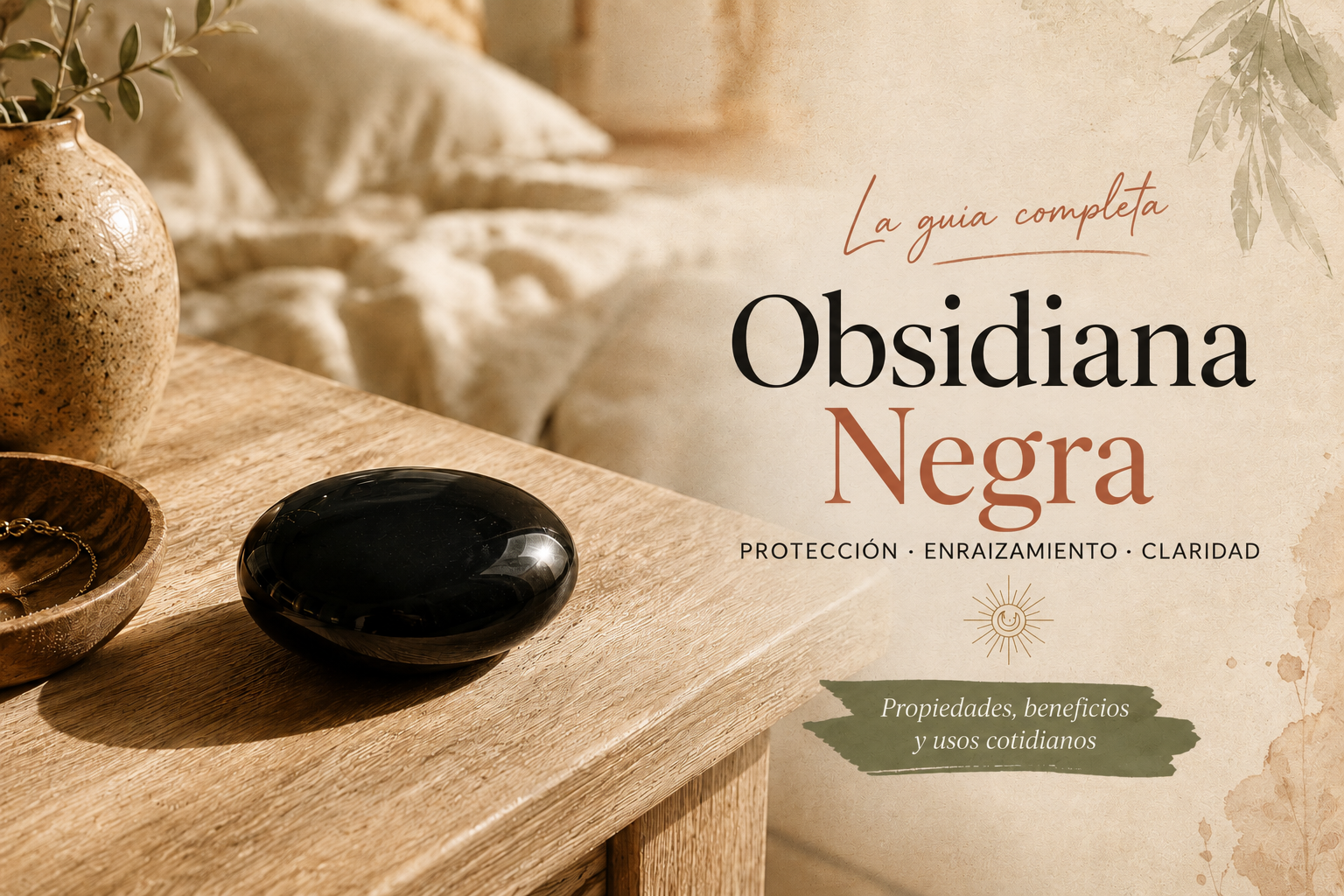 Obsidiana negra colocada en una mesita de noche junto a una cama deshecha