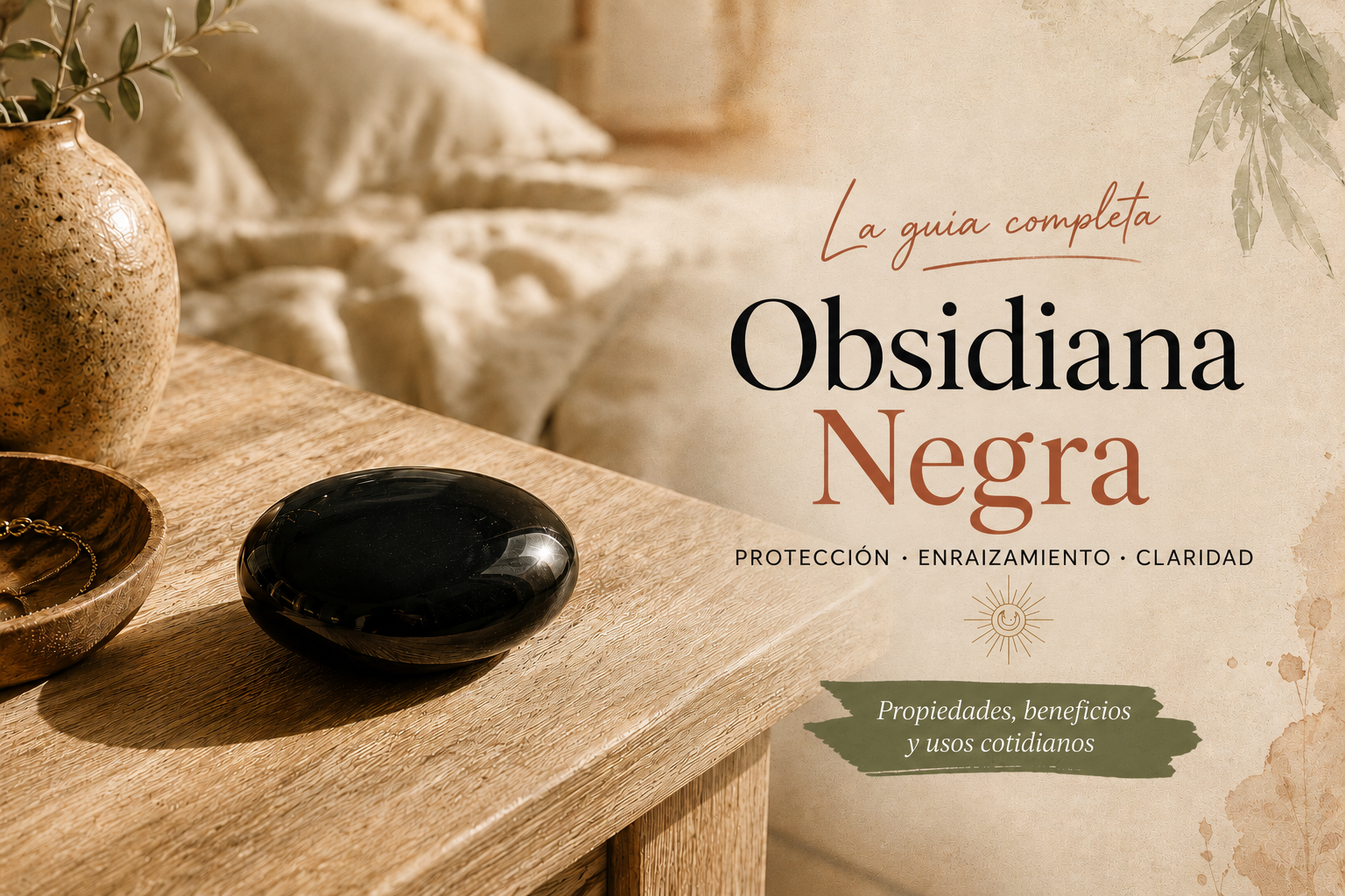 Obsidiana negra colocada en una mesa de noche junto a una cama deshecha