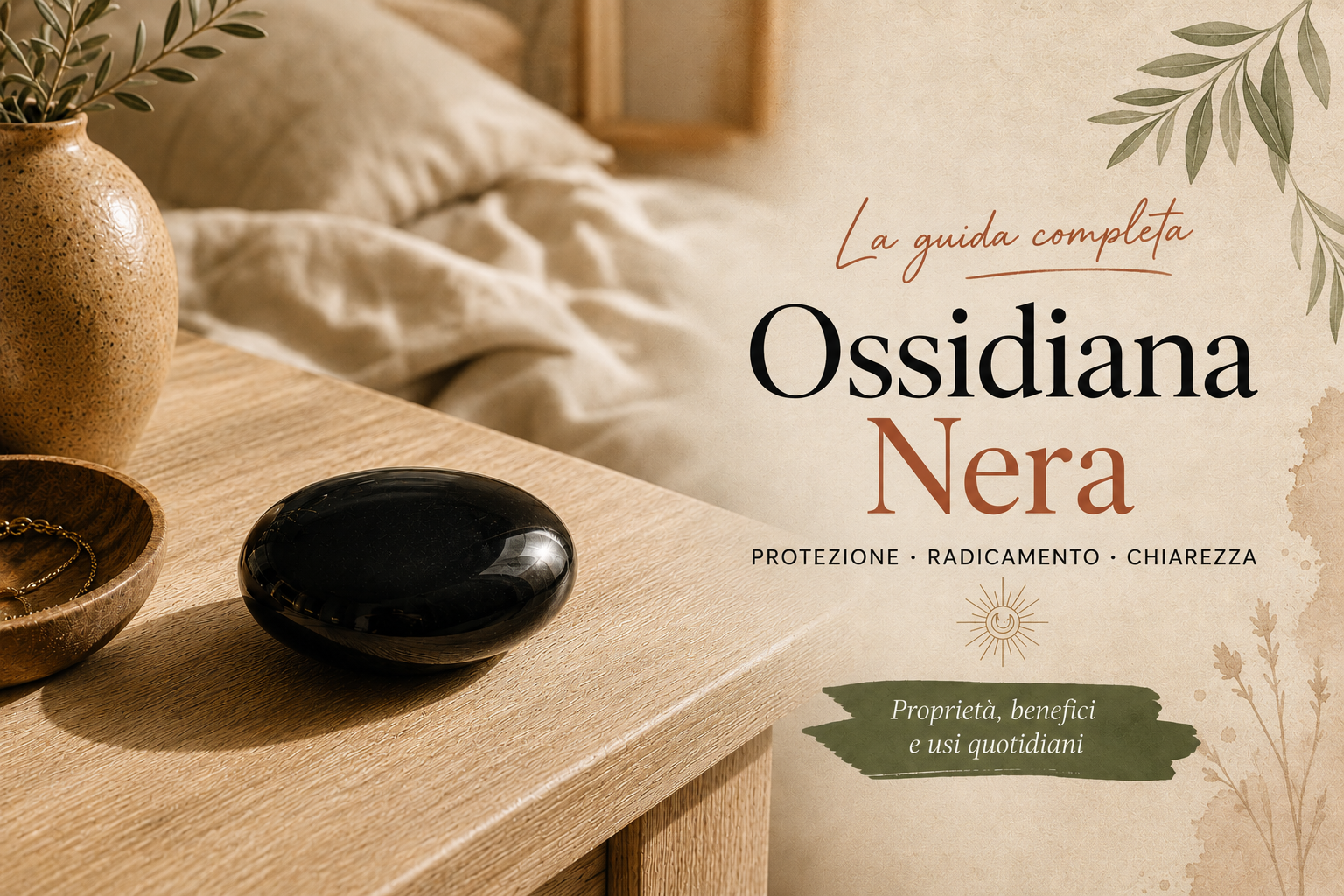 Si può dormire con un'ossidiana nera? Ossidiana nera posata su un comodino accanto a un letto disfatto