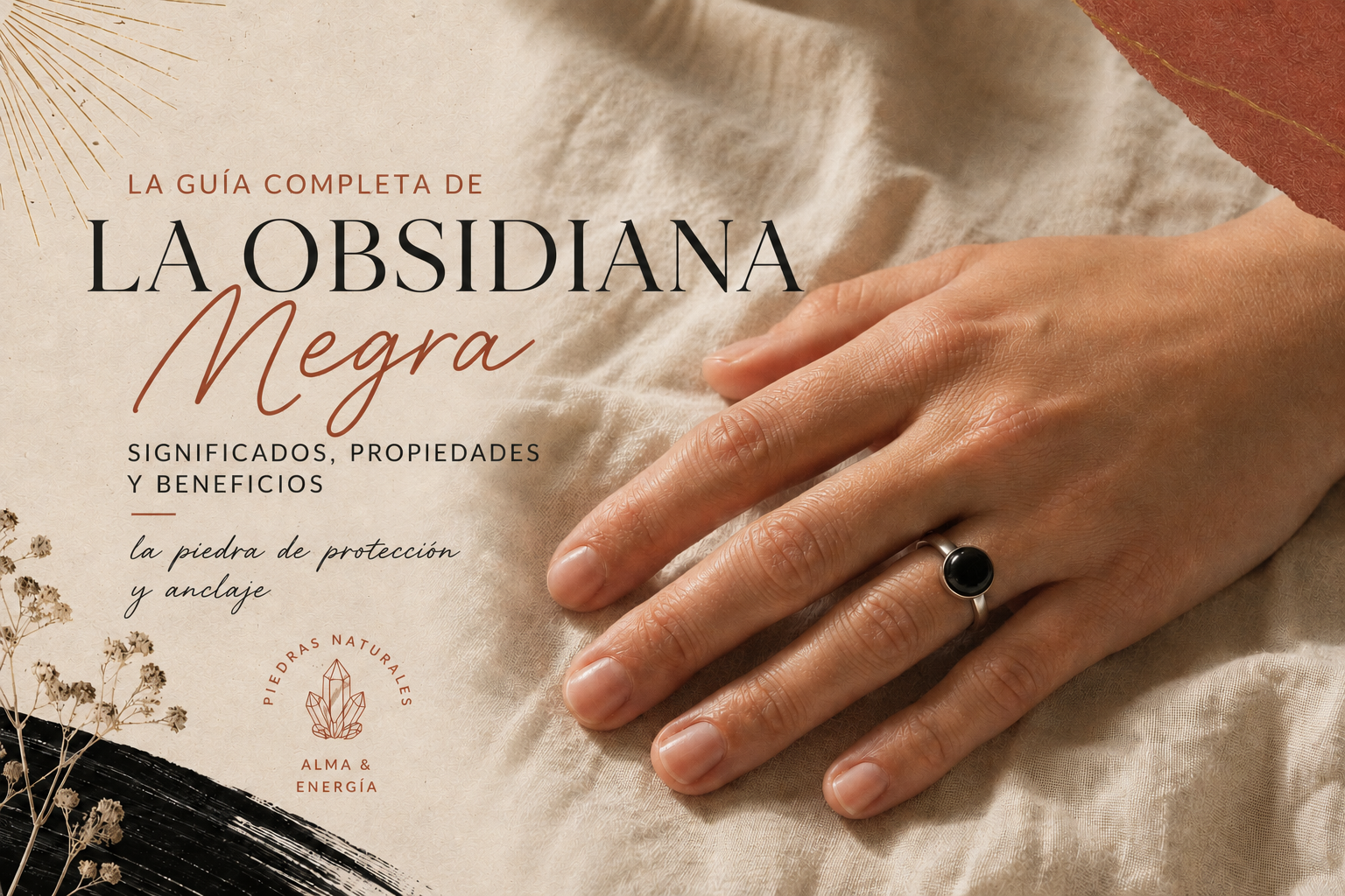 Anillo de obsidiana negra en el dedo anular, mano apoyada sobre lino claro