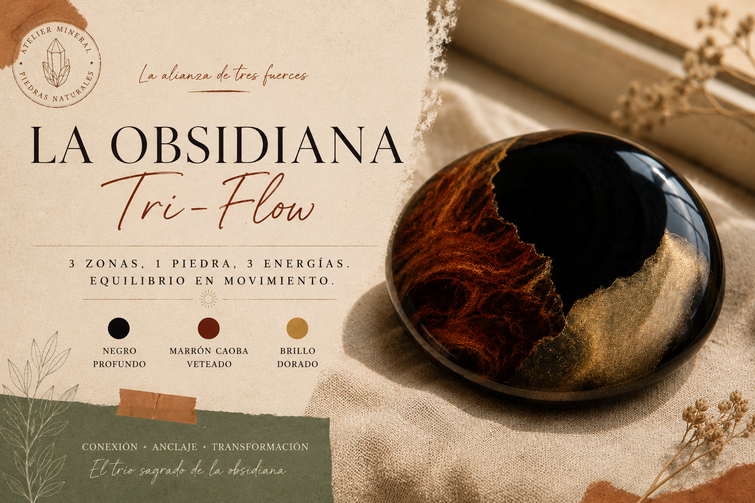 Obsidiana tri-flow que mezcla zonas negra, caoba y dorada