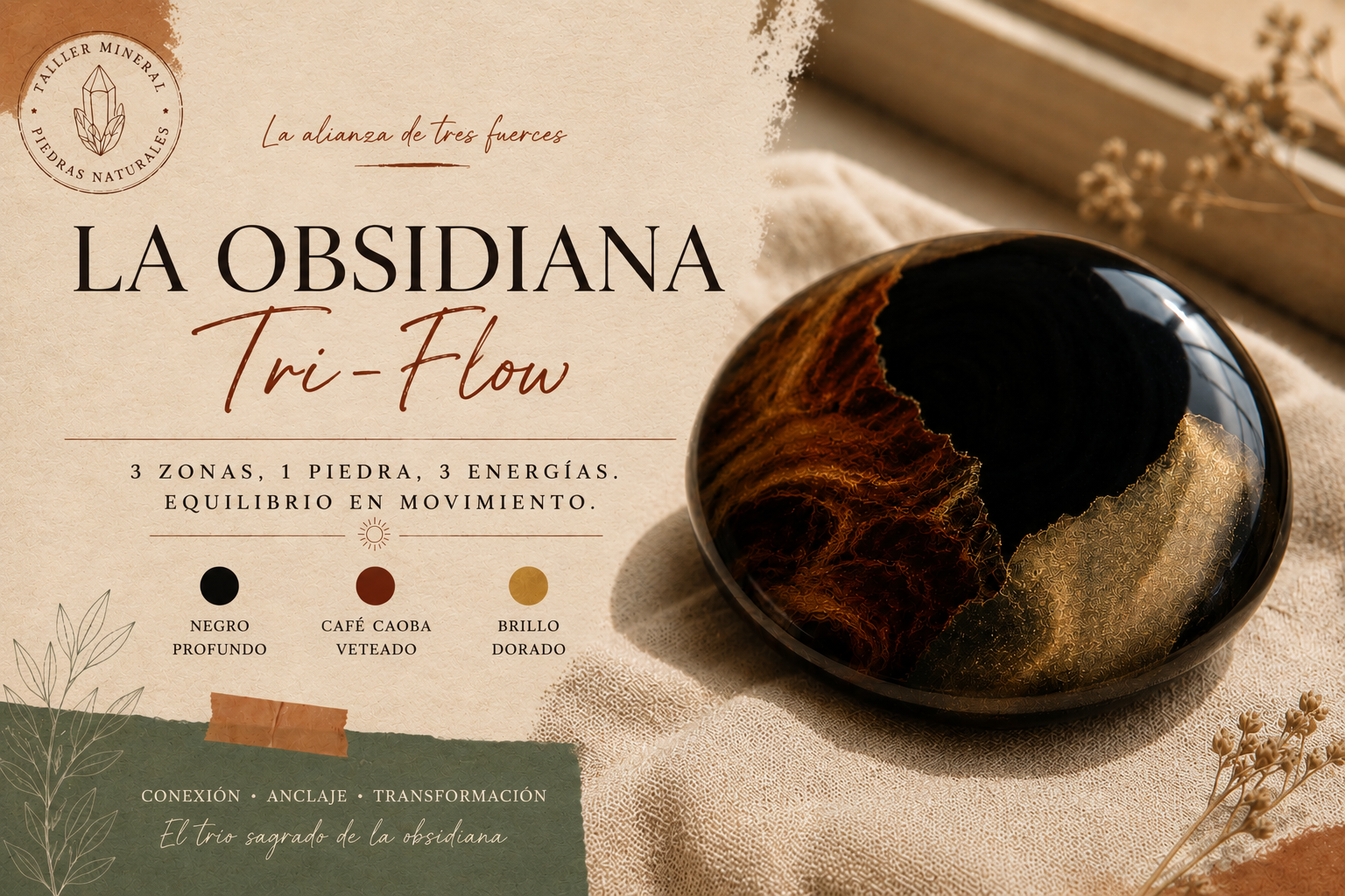 La Obsidiana Tri-Flow, Tres Piedras en Una Obsidiana tri-flow con zonas negra, caoba y dorada