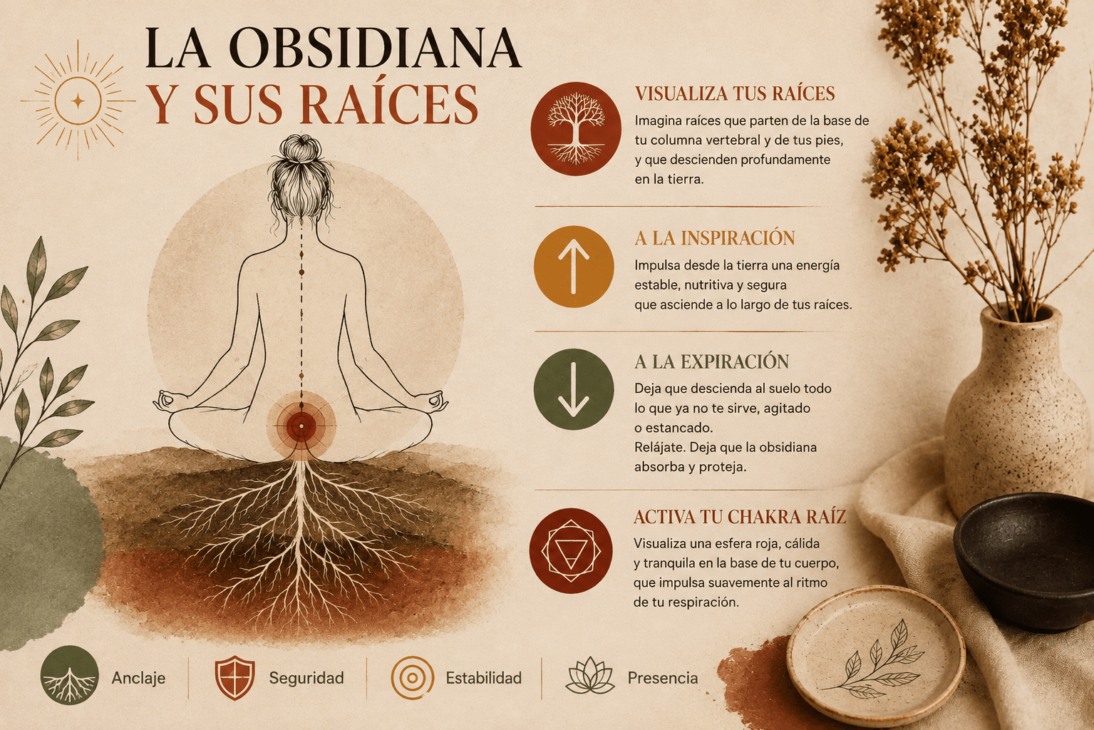 Visualización de raíces que descienden por la tierra durante una meditación con obsidiana
