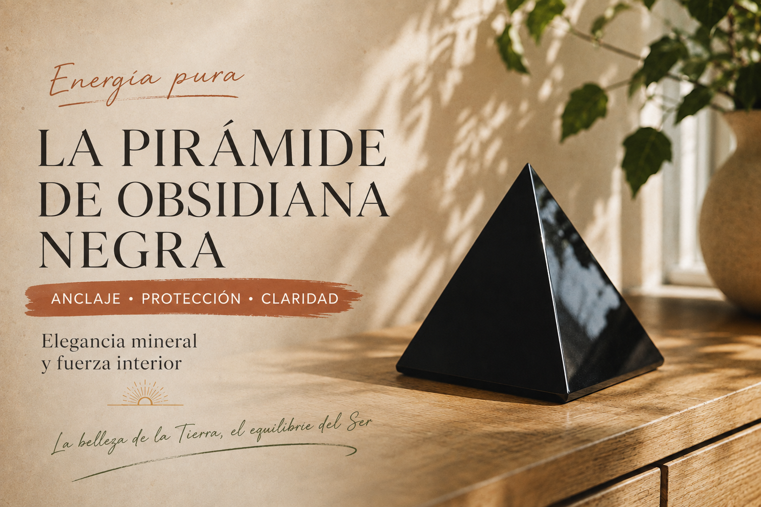 Pirámide de obsidiana negra pulida colocada sobre un mueble de madera