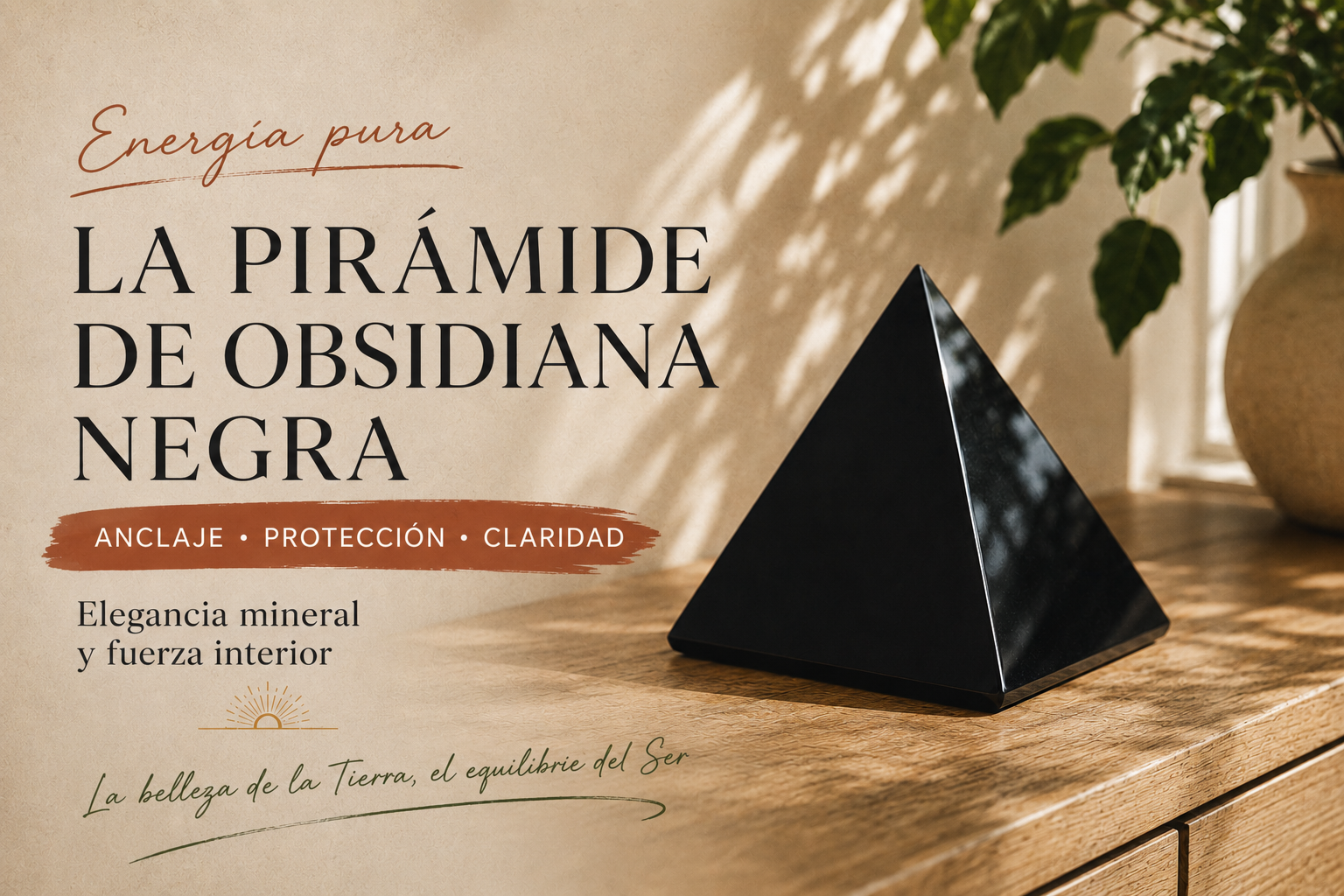 Pirámide de obsidiana negra pulida sobre un mueble de madera