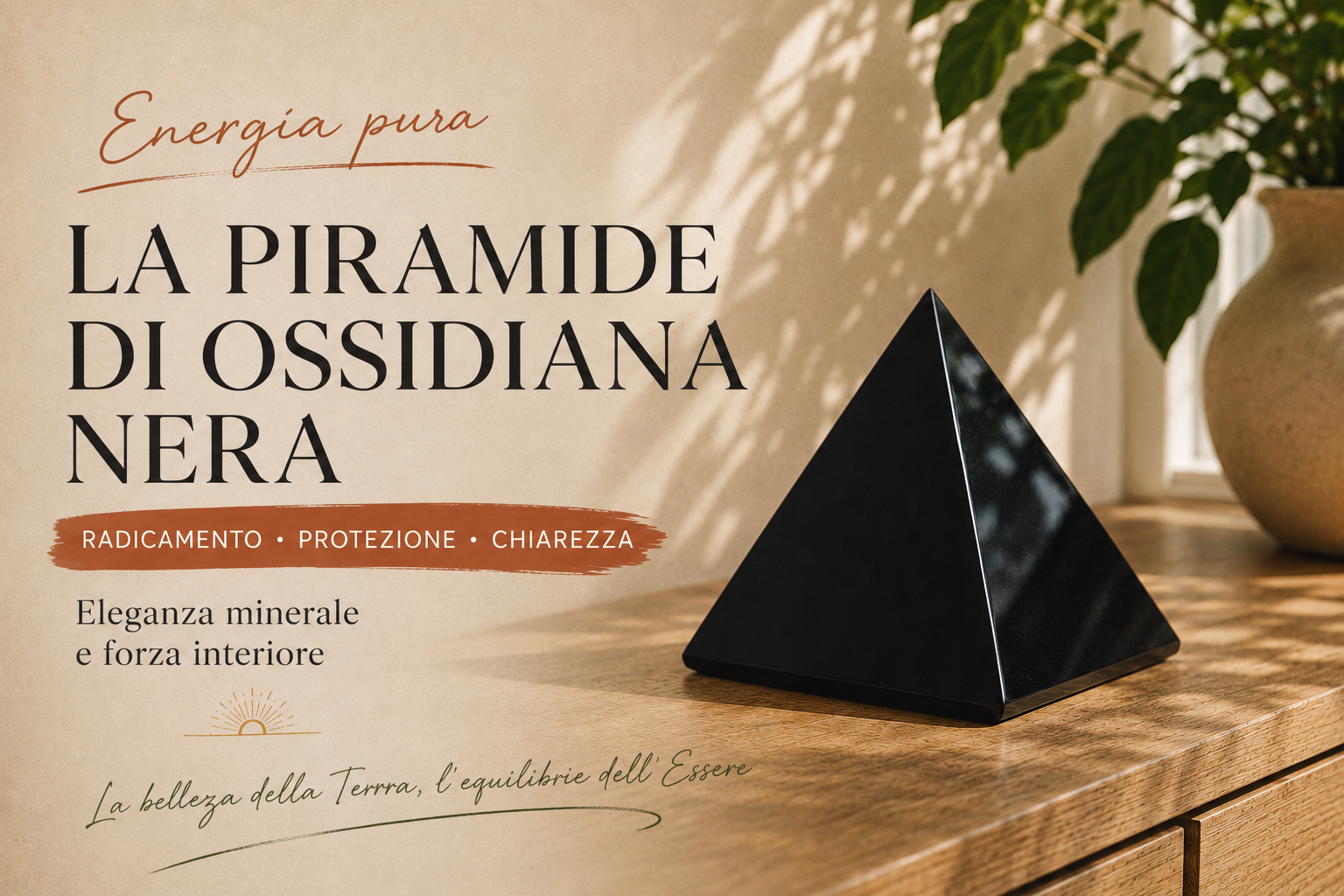 Come si usa una piramide in ossidiana nera? Piramide in ossidiana nera lucidata posata su un mobile in legno
