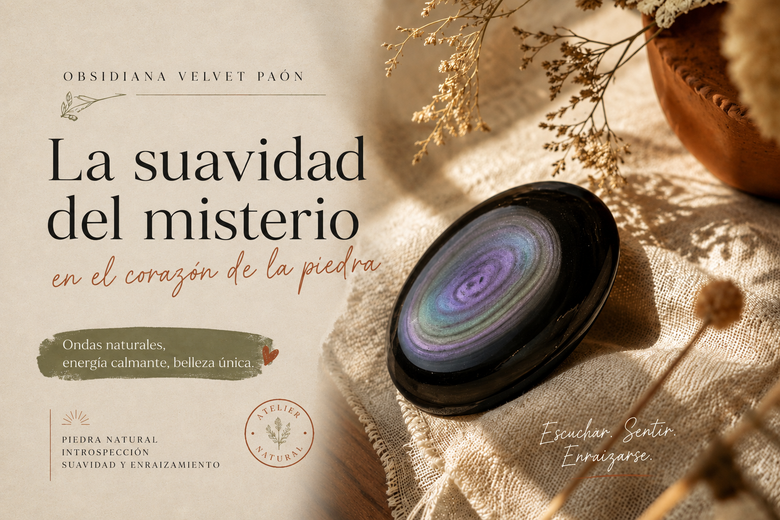 Obsidiana terciopelo de pavo real con ondulaciones lavanda y verdes