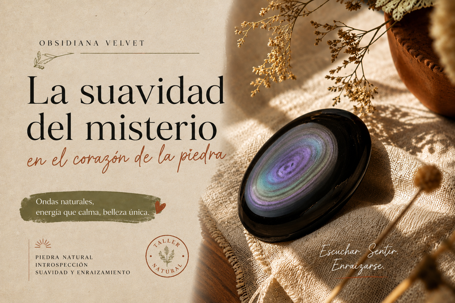 Obsidiana terciopelo de pavo real con ondulaciones lavanda y verdes