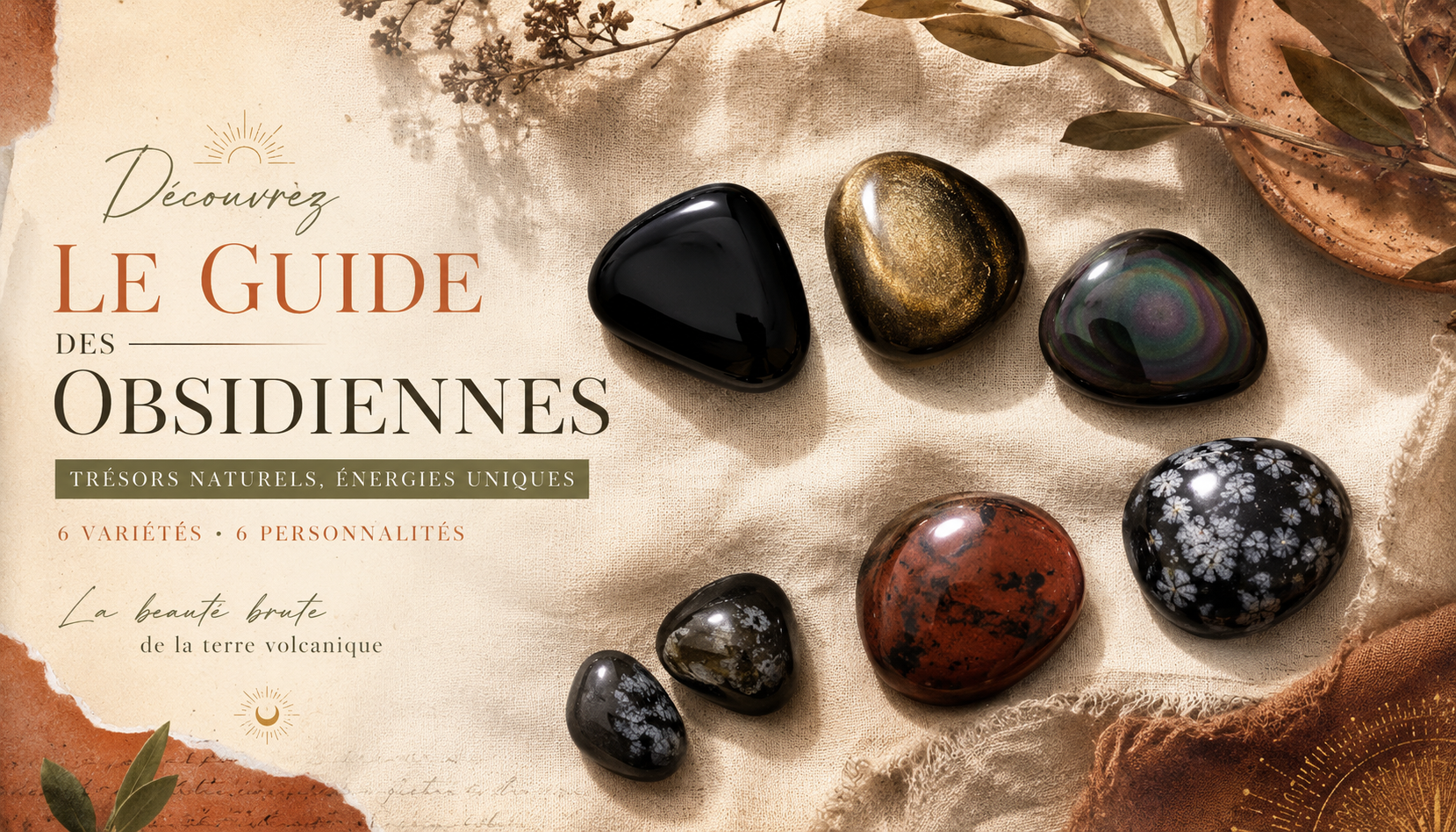 Les différentes variétés d'obsidienne réunies : noire, dorée, arc-en-ciel, flocon de neige et acajou
