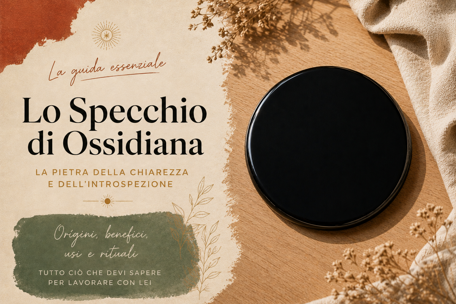 Disco lucidato di ossidiana nera posato su un tavolo in legno chiaro