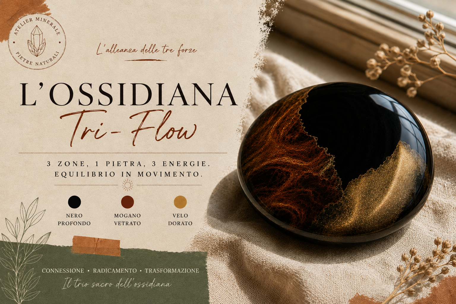 Ossidiana tri-flow che mescola zone nera, mogano e dorata