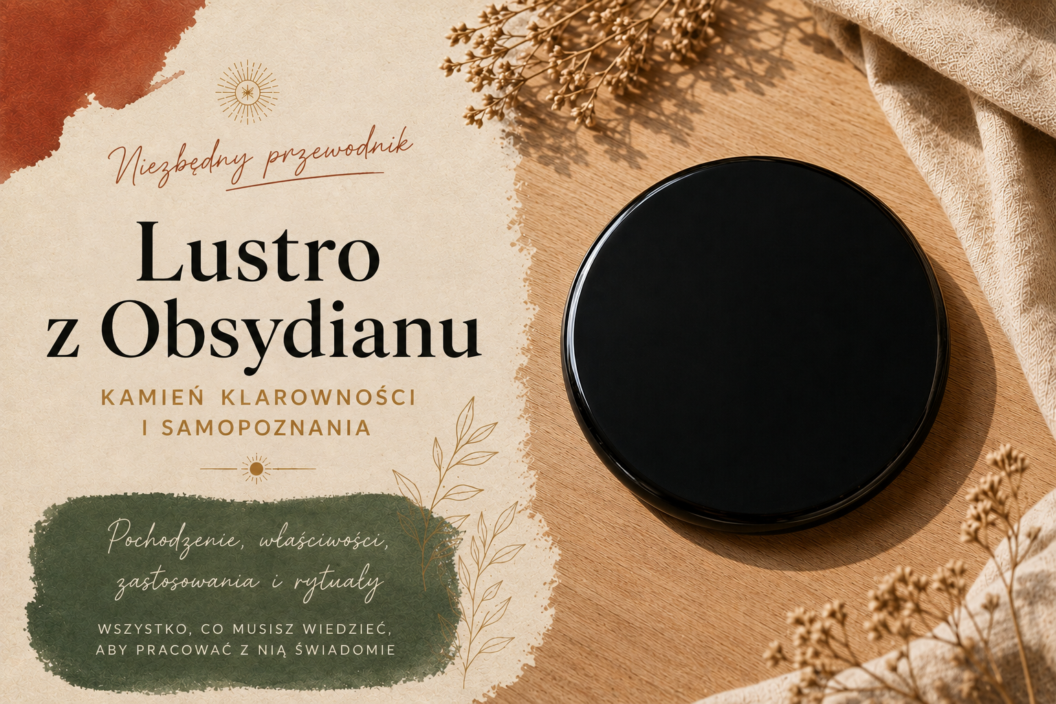 Wypolerowany dysk z czarnego obsydianu leżący na jasnym drewnianym stole