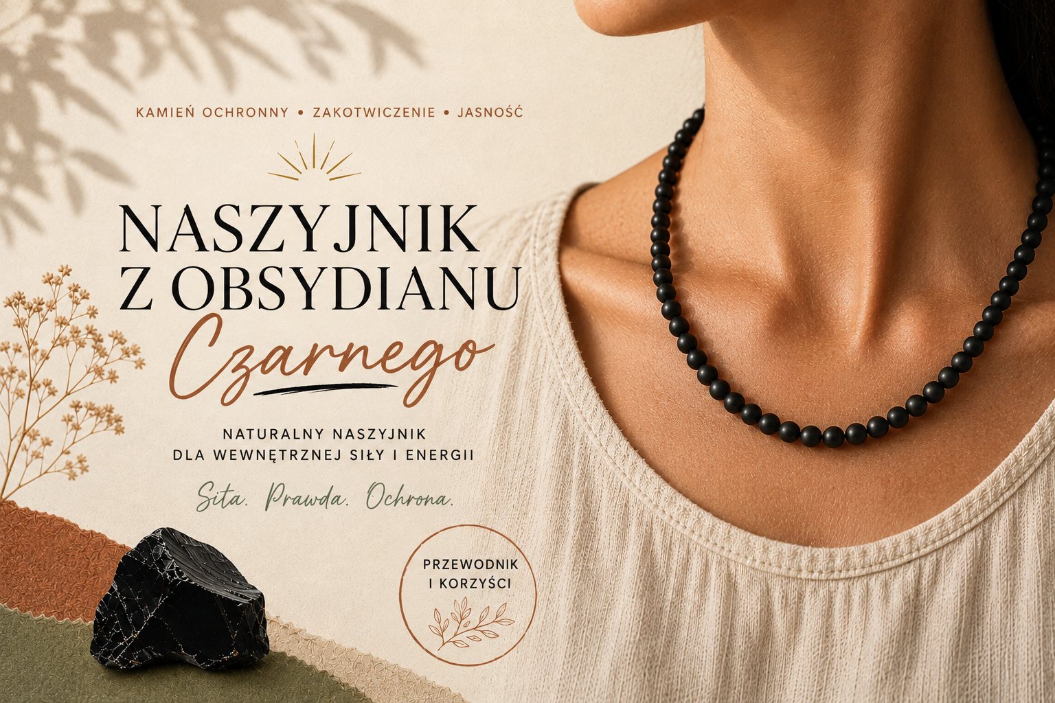 Naszyjnik z czarnego obsydianu noszony na dekolcie z lnu w kolorze ecru