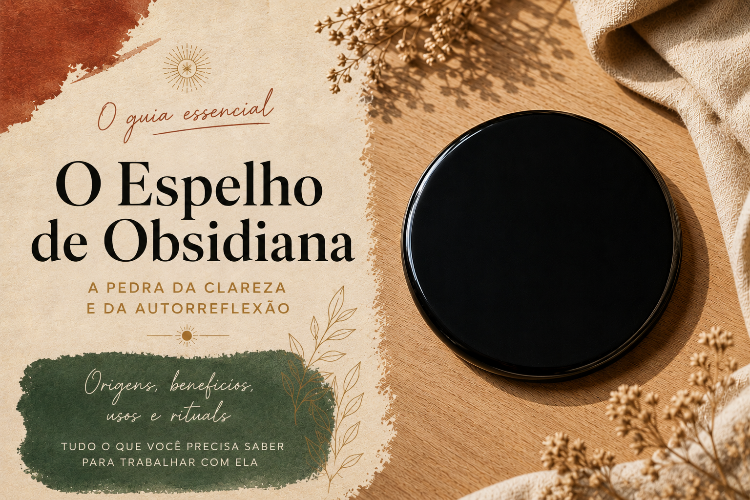 Disco polido de obsidiana negra colocado sobre uma mesa de madeira clara