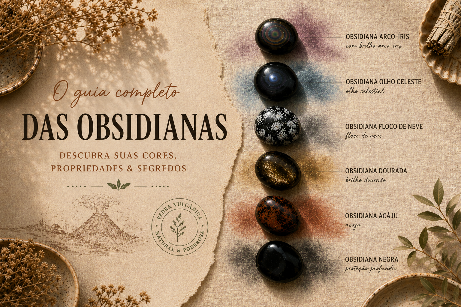 Obsidiana e chakras : o guia completo Obsidianas de diferentes variedades alinhadas ao longo dos sete chakras