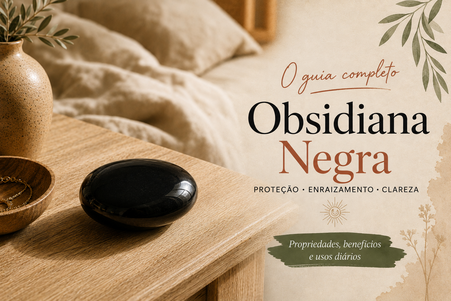 Pode-se dormir com uma obsidiana negra? Obsidiana negra colocada sobre uma mesa de cabeceira ao lado de uma cama desarrumada